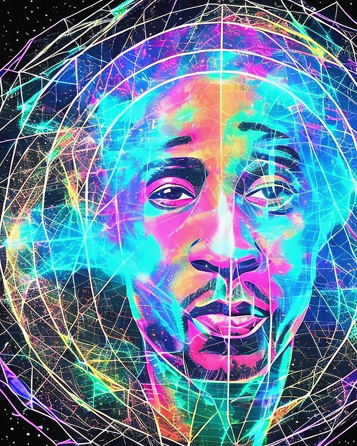 Hologram Of Tupac Floating In Space A Vibrant Digital Illustration