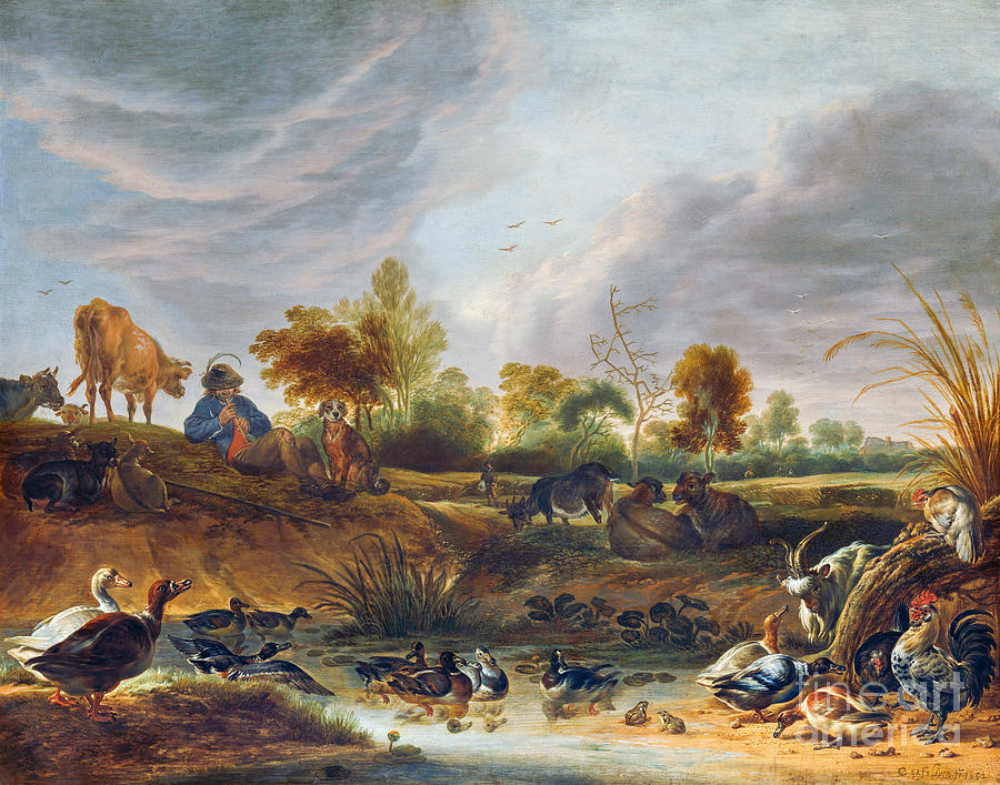 Landscape with animals Painting by Cornelis Saftleven