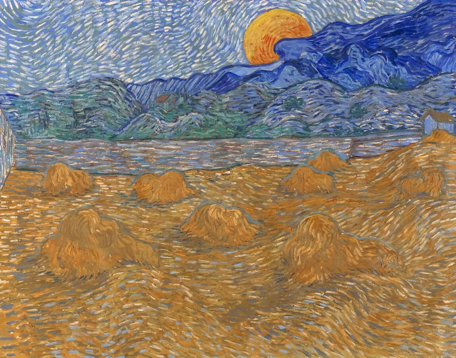 Vincent Van Gogh Painting - Landscape with wheat sheaves and rising moon by Vincent van Gogh  by Mango Art