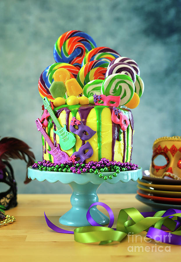 Mardi Gras theme on-trend candyland fantasy drip cake. #5 Photograph by Milleflore Images
