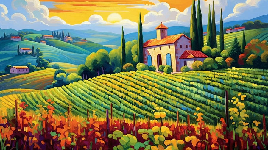 Neo      impressionism  pop  art  deco  vineyard  Italy  by Asar Studios #5 Painting by Celestial Images