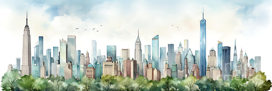 New York City USA skyline cityscape watercolor  by Asar Studios #5 Painting by Celestial Images