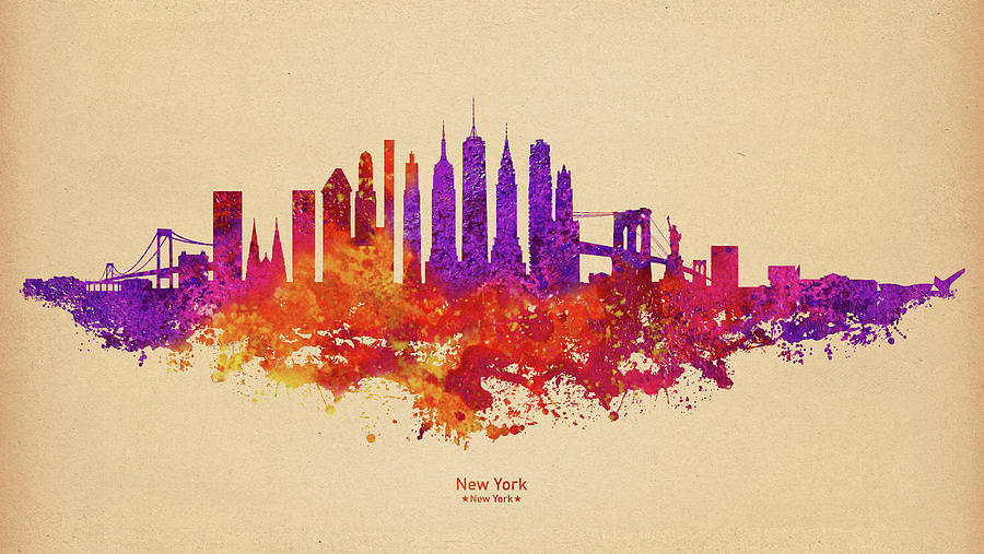 New York City Skyline - Colorful Watercolor on Sepia Background with Caption Digital Art by SP JE Art