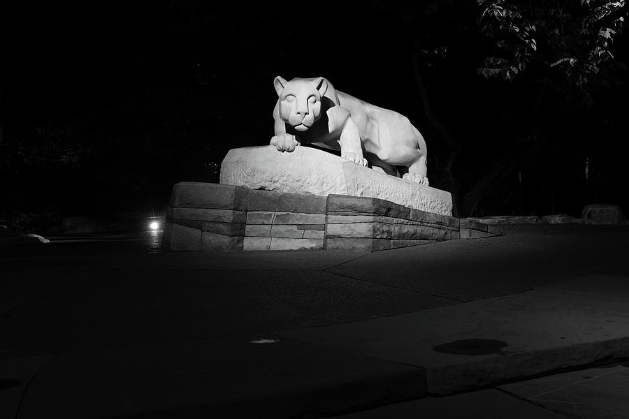 Nittany Lion Shrine at night at Penn State University in black and white #5 Photograph by Eldon McGraw