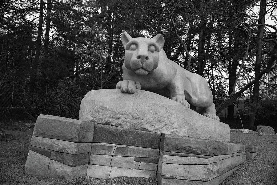 Nittany Lion Shrine at Penn State University in black and white #5 Photograph by Eldon McGraw