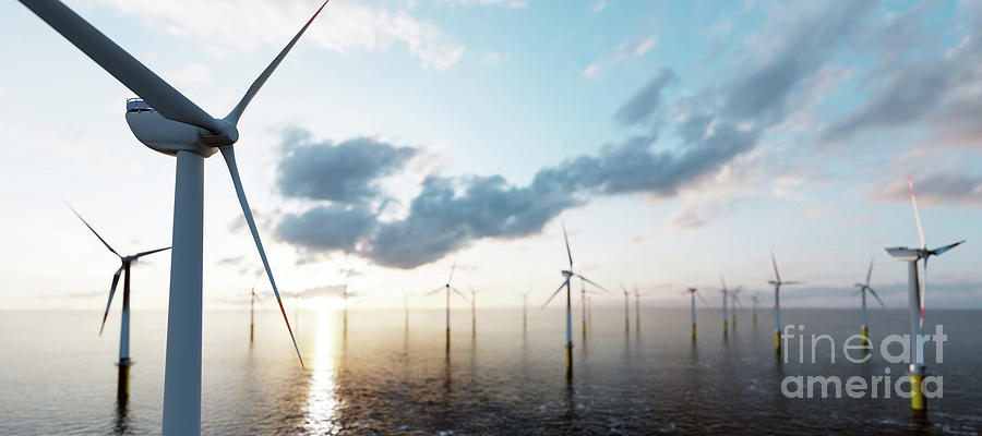 Nature Photograph - Offshore wind turbines farm on the ocean. Sustainable energy #5 by Michal Bednarek