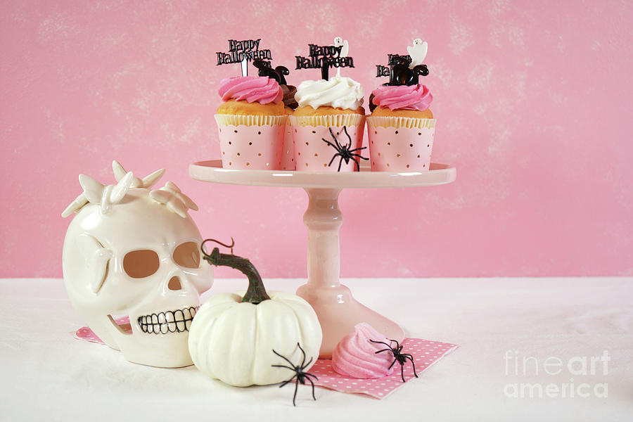 On trend pink Halloween party table with cupcakes #5 Photograph by Milleflore Images
