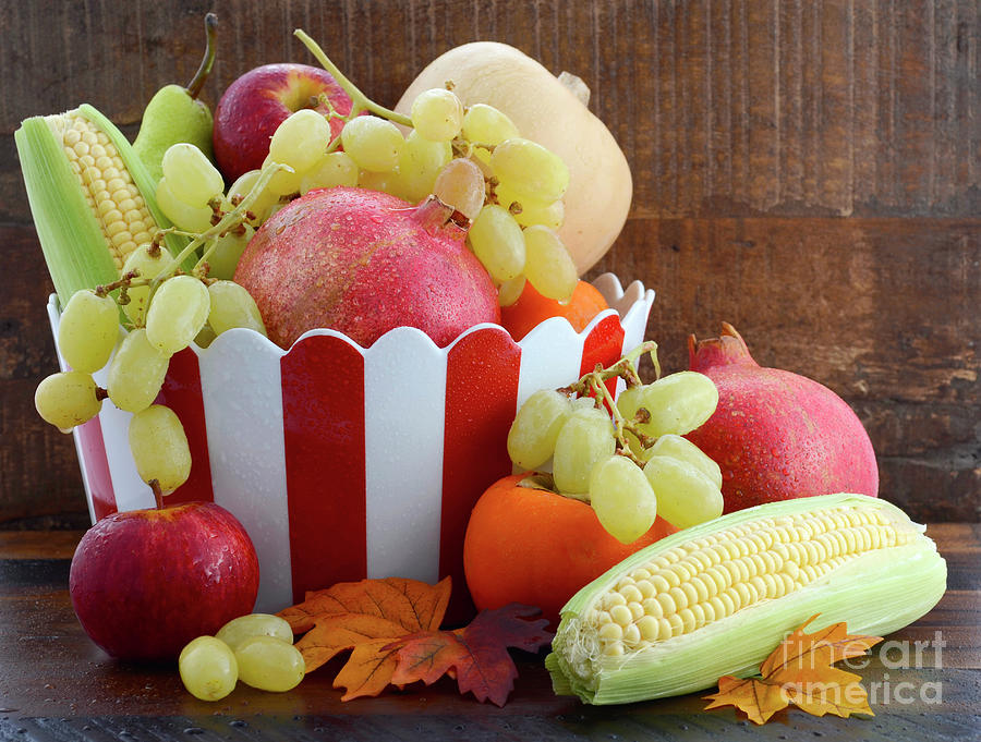 Red and white stripe bowl with Autumn Harvest #5 Photograph by Milleflore Images