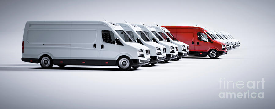 Red commercial van and fleet of white trucks. Transport. Transport and shipping #5 Photograph by Michal Bednarek