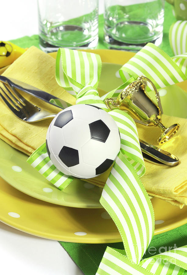Soccer football celebration party table setting #5 Photograph by Milleflore Images