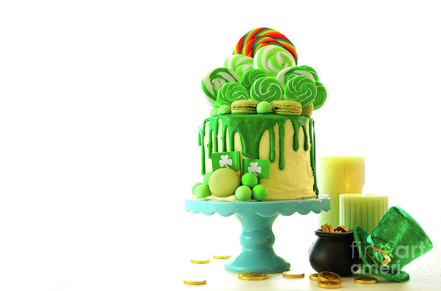 St Patricks Day theme lollipop candy land drip cake. #5 Photograph by Milleflore Images