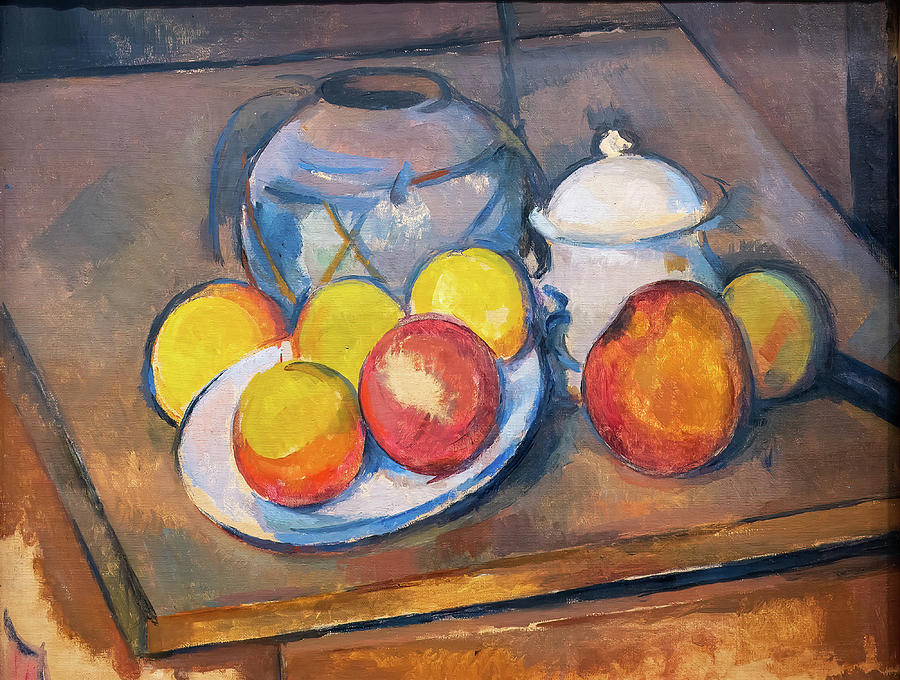 Paul Cezanne Painting - Straw-Trimmed Vase, Sugar Bowl and Apples #5 by Paul Cezanne