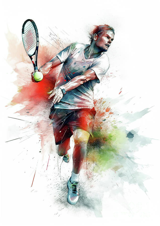 Tennis player in action during colorful paint splash. #5 Digital Art by Odon Czintos