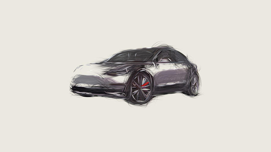 Tesla Model 3 Prototype Car Drawing #5 Digital Art by CarsToon Concept