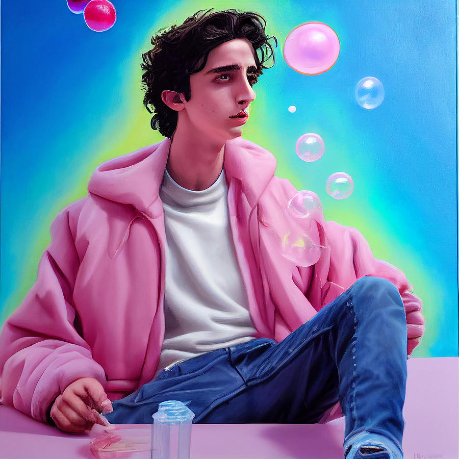 Timothe  Hal  Chalamet  Youthful  Blowing  Bubble  Pink  Acr  By Asar Studios Digital Art