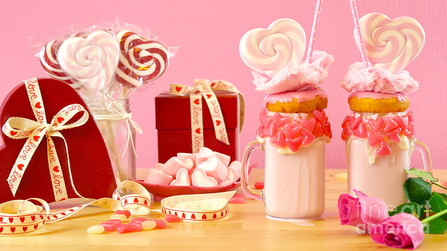 Valentines Day freak shakes with heart shaped lollipops and donuts. #5 Photograph by Milleflore Images