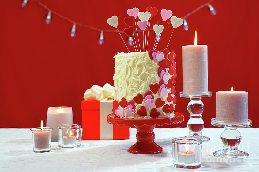Valentines Day party table with showstopper hearts cake. #5 Photograph by Milleflore Images