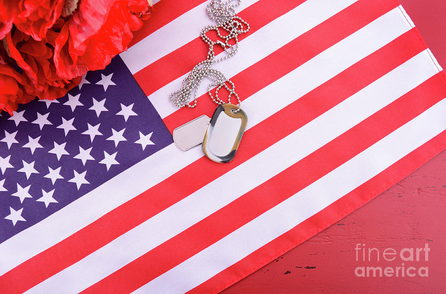 Veterans Day USA Flag with dog tags #5 Photograph by Milleflore Images