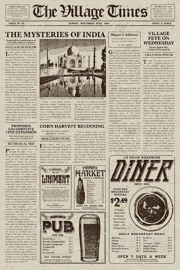 Vintage Victorian Style Newspaper Design Template #5 Drawing by Bortonia