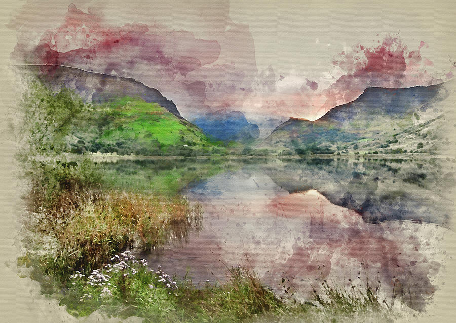 Watercolor Painting Of Llyn Nantlle At Sunrise Looking Towards M Digital Art