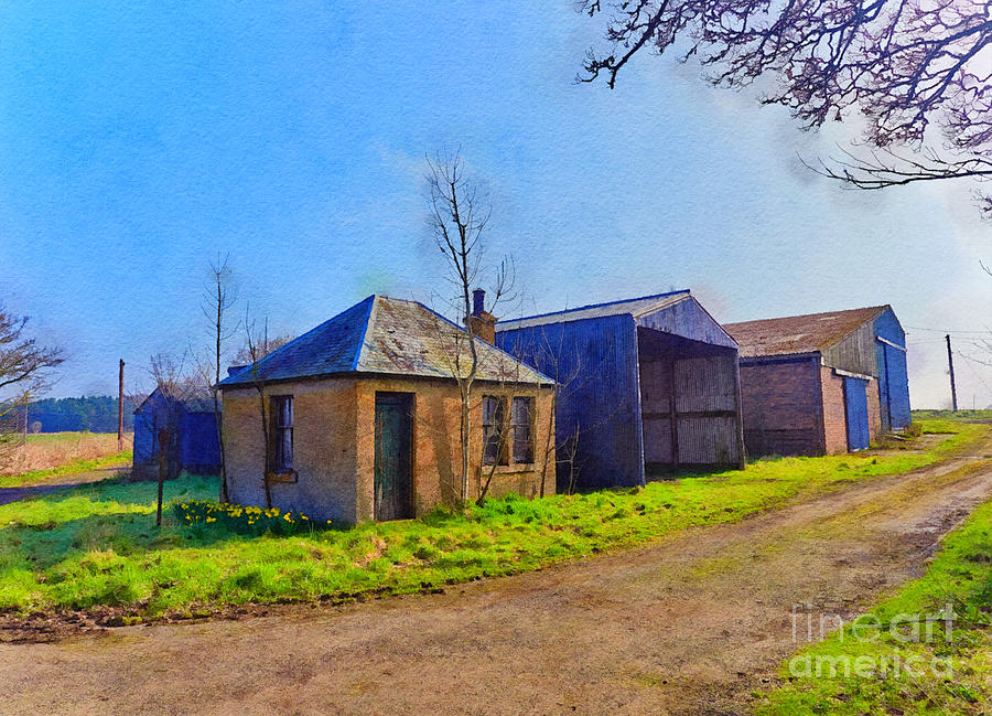 Barn Digital Art - Wee Farm Cottage next to old Tin Barns on a Farm Track. #5 by Jules Walters