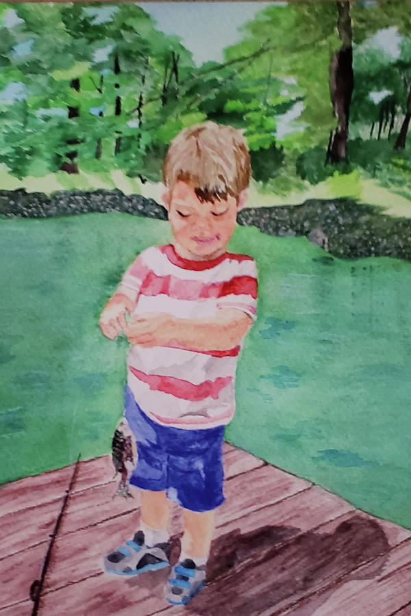5 Year Old Catches First Fish Painting by Kathy Crockett