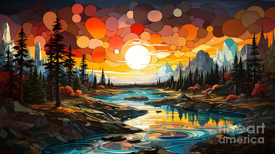 yellowstone national park Whimsical Geometric by Asar Studios #5 Painting by Celestial Images