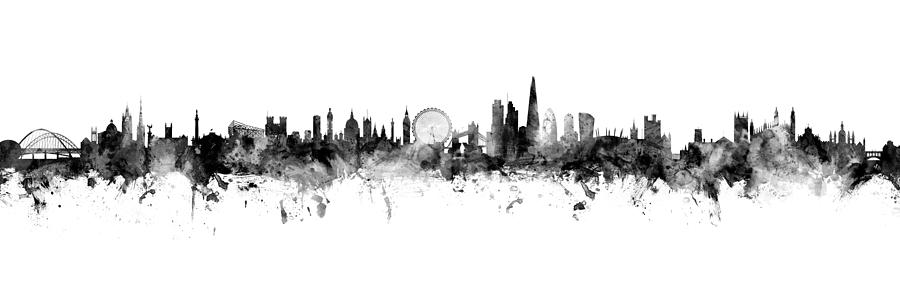 Newcastle, London and Cambridge Skylines Mashup BW Digital Art by Michael Tompsett
