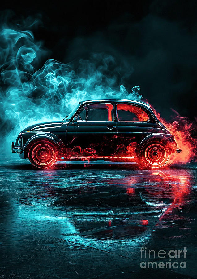 Car Digital Art - 500 on Fire Fiat 500 in Epic Smoke Journeys by Clark Leffler