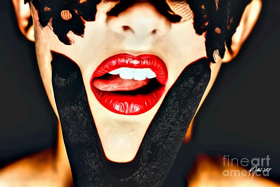 Portrait Photograph - VX5308 Erotic Victory Lick Red Lips Pink Tongue Black Lace Face Mask Portrait Painter by Amyn Nasser Photographer SurXposed