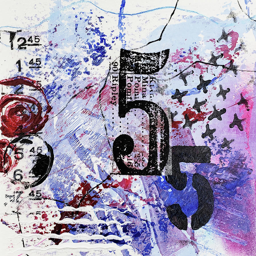 55 Cent Stamp Abstract Collage Art Red White And Blue Painting