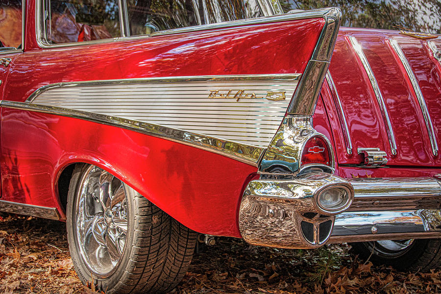 57 Chevy Red and White Bel Air Tail Fin Photograph by Kristia Adams