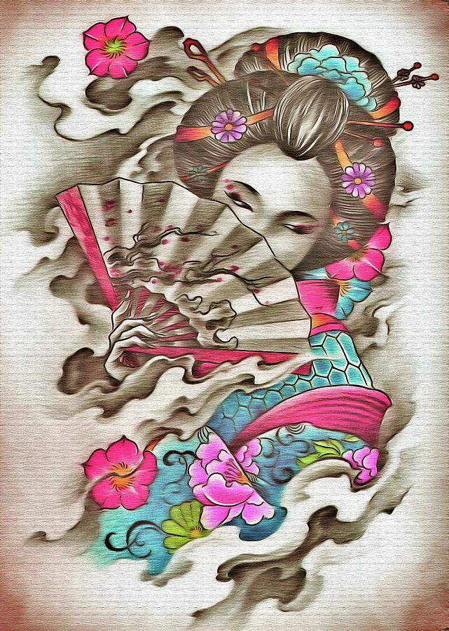 Japanese Geisha Girl Art Kimono And Flowers Digital Art By John Shepherd