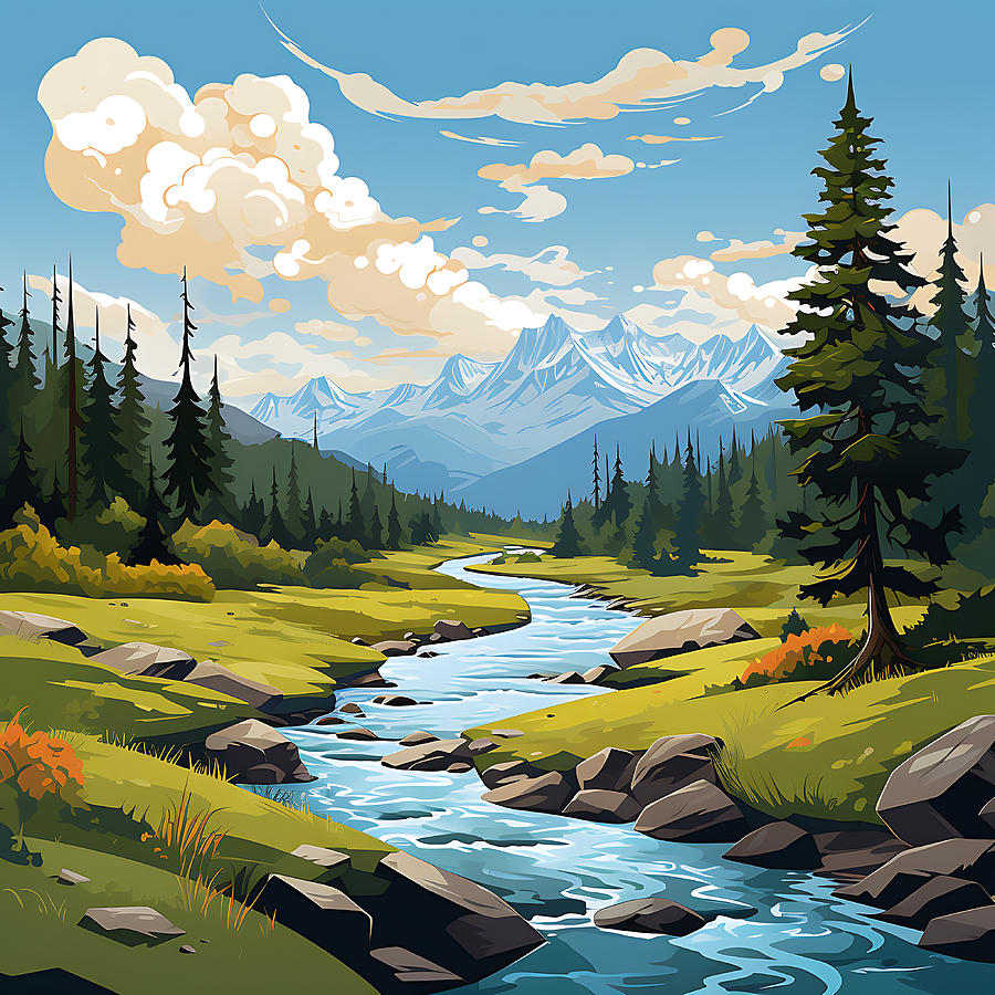 Fantasy Painting - 2D Flat Cartoon Landscape Postcard Image   by Asar Studios #6 by Celestial Images