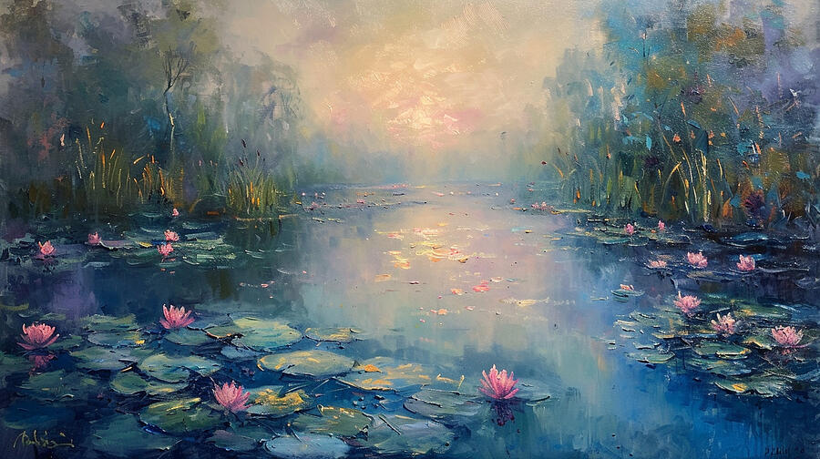 Sunset Digital Art - A serene morn ng scene by a l ly pond captur ng 2aa34ae5-dd77-4c58-8fba-84a0950f86c7 #6 by Romed Roni