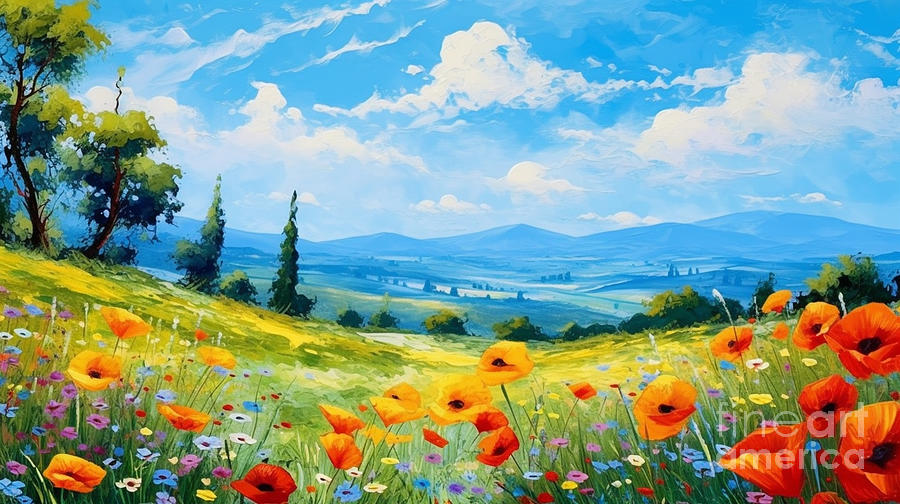 acrylic  painting  of  flowers  field  rolling  hills  by Asar Studios Painting