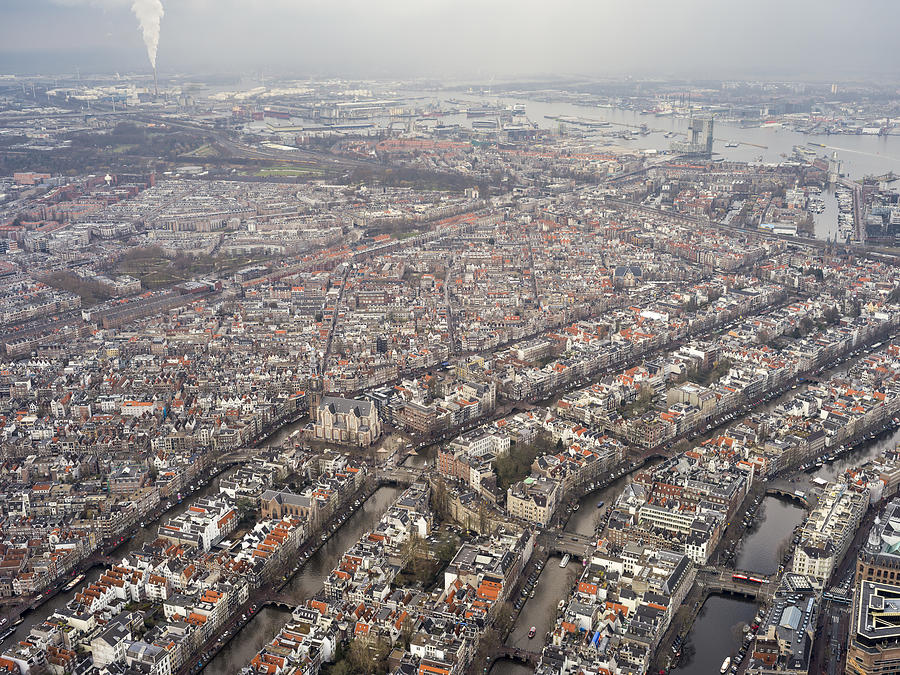 Aerial of Amsterdam city center with rooftops and canals #6 Photograph by Nisian Hughes