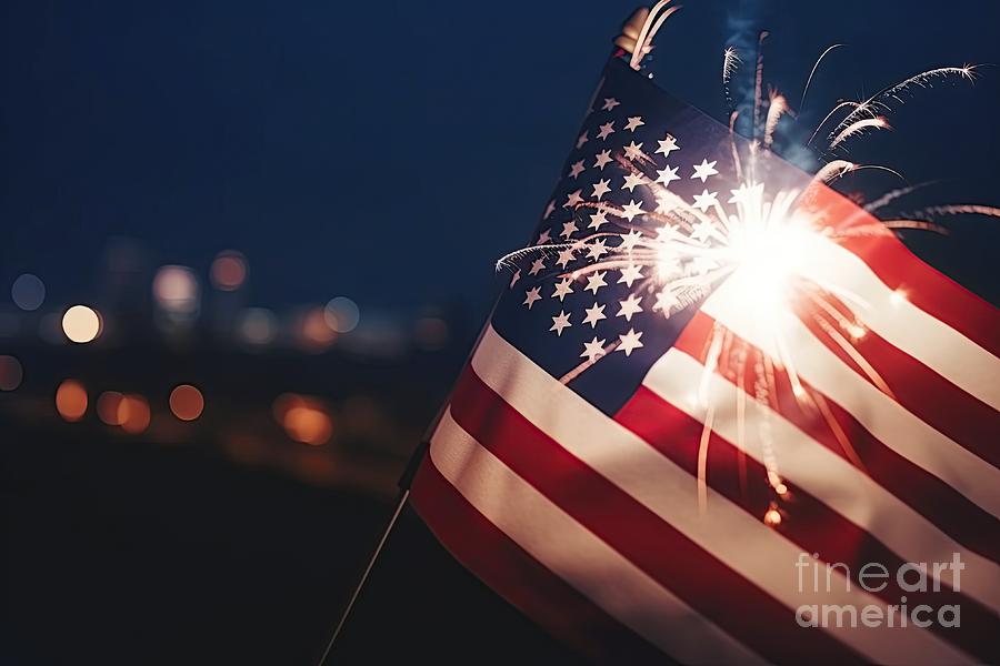 American flag waving in the night with fireworks #6 Digital Art by Benny Marty