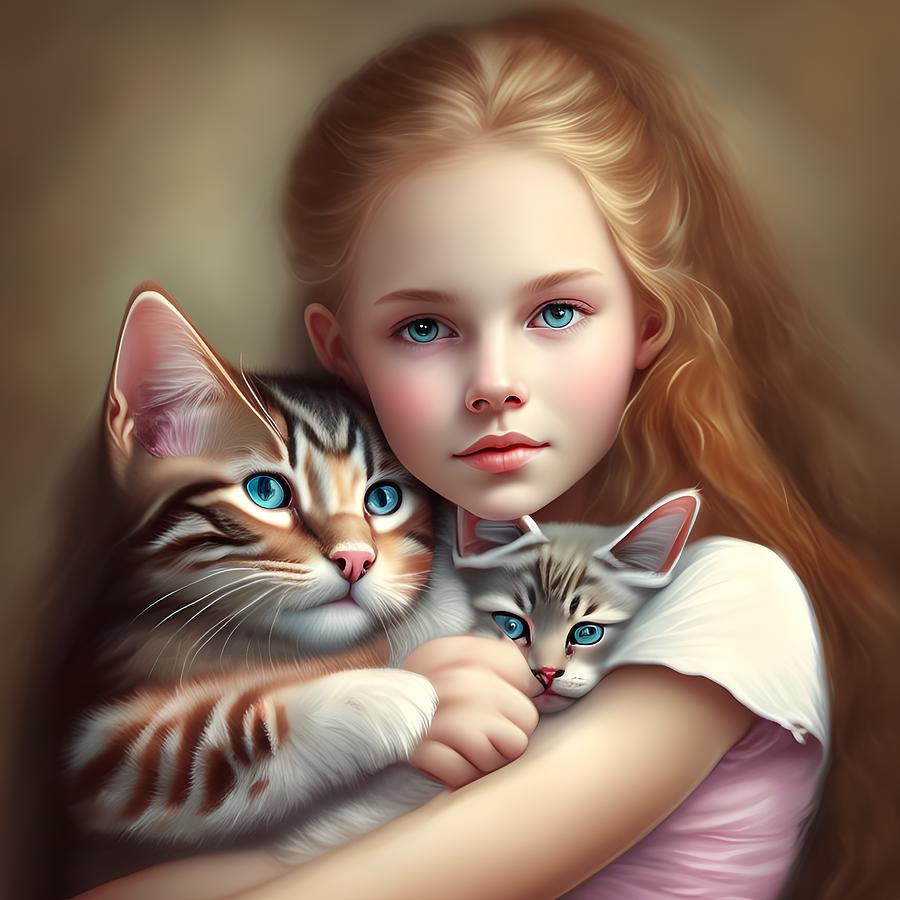 Beautiful Girl with Kitten, Generative AI Illustration Digital Art by ...