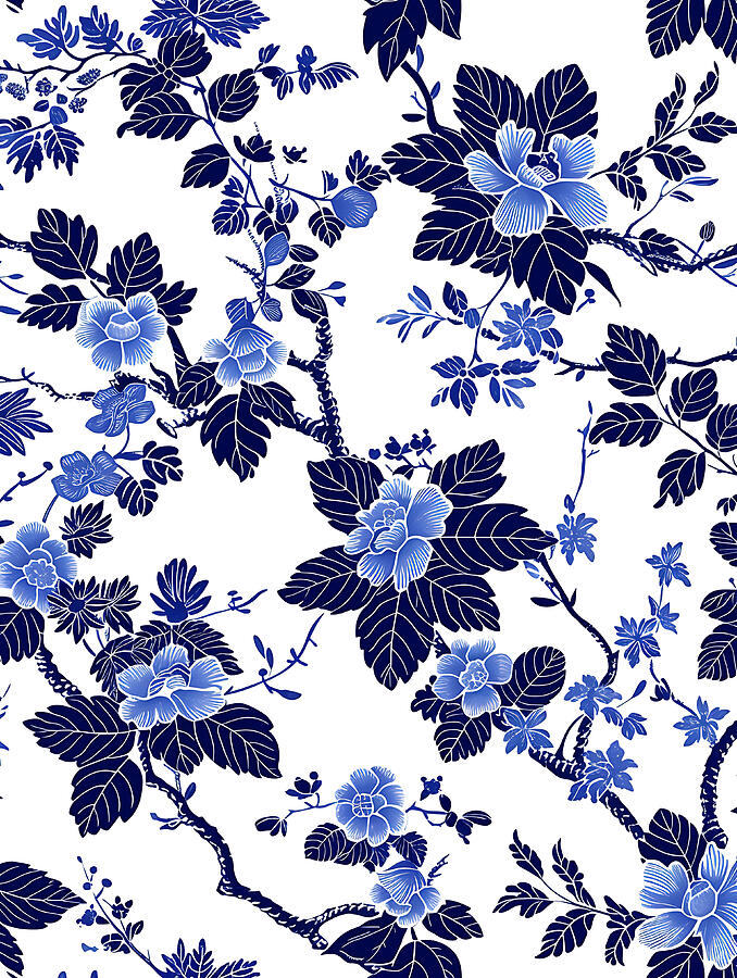 Flower Digital Art - Blue And White Floral Pattern #6 by Benameur Benyahia