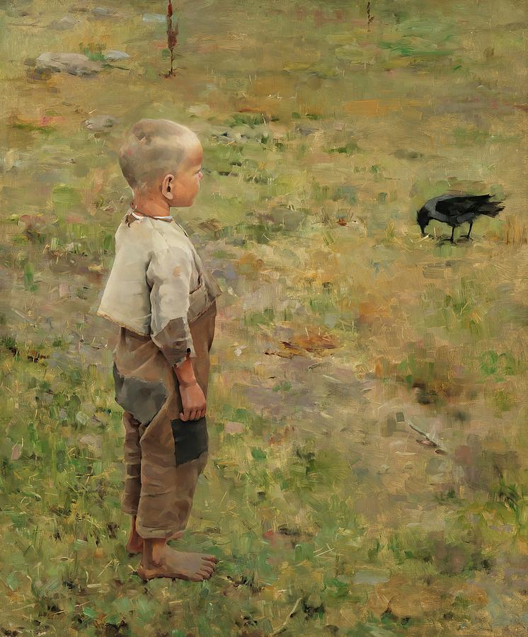 Nature Painting - Boy with a Crow #6 by Akseli Gallen-Kallela