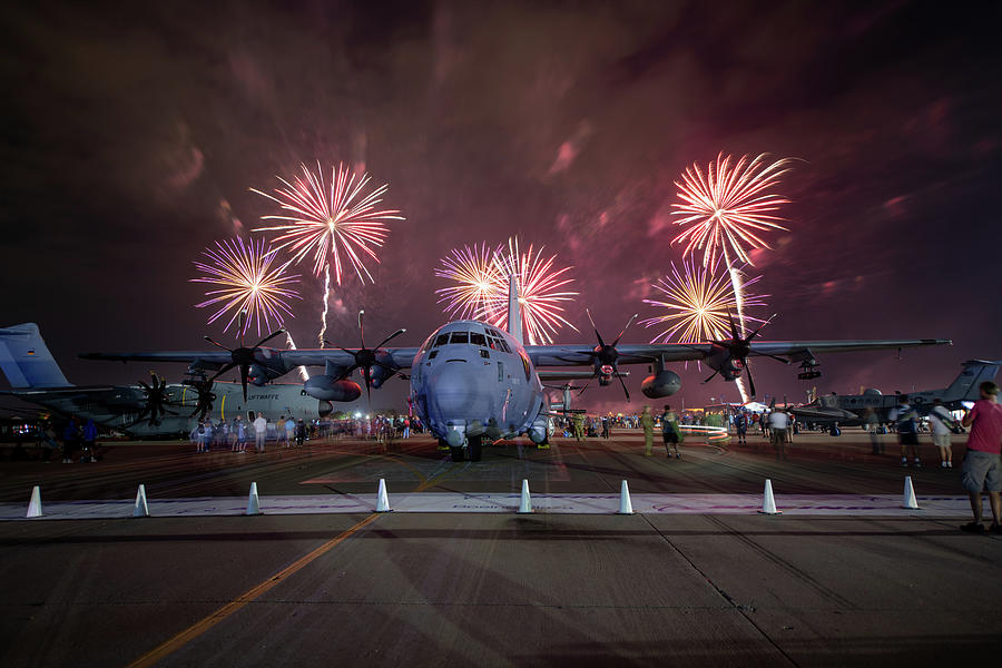 Airplane Photograph - C130 with fireworks #6 by Keith Homan