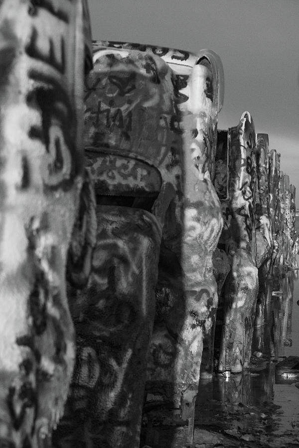 Cadillac Ranch on Historic Route 66 in Amarillo Texas in black and white #6 Photograph by Eldon McGraw