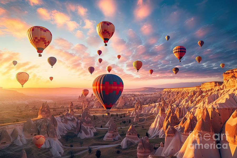 Cappadocia air balloons flying at sunset in Turkey #6 Digital Art by Benny Marty