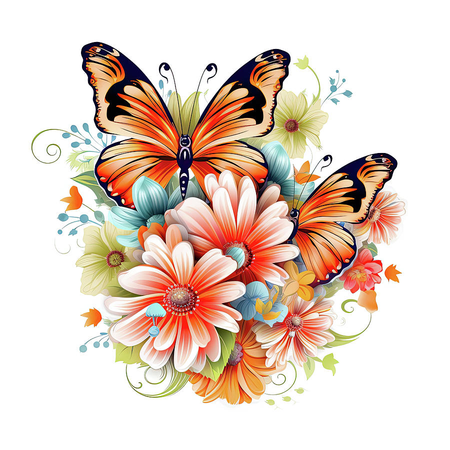 Cartoon butterflies and flowers border set. Flying insects, delicate ...