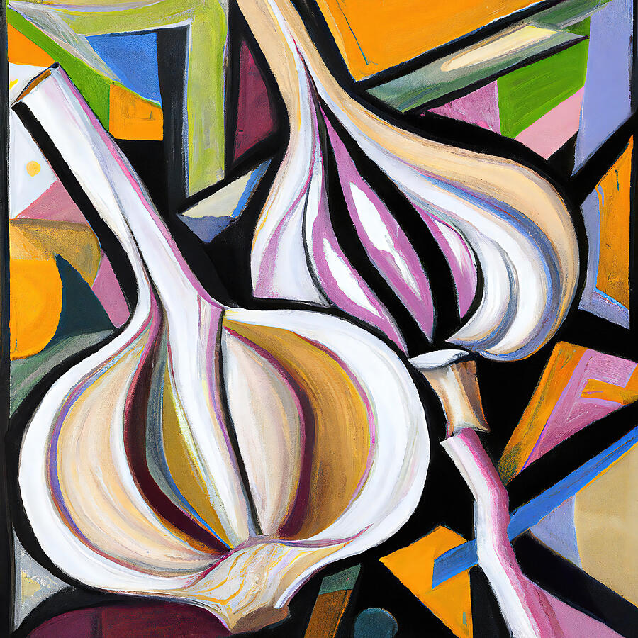 Abstract Painting - Colorful Garlic Clove - Funky Vegetables Abstract #6 by StellArt Studio