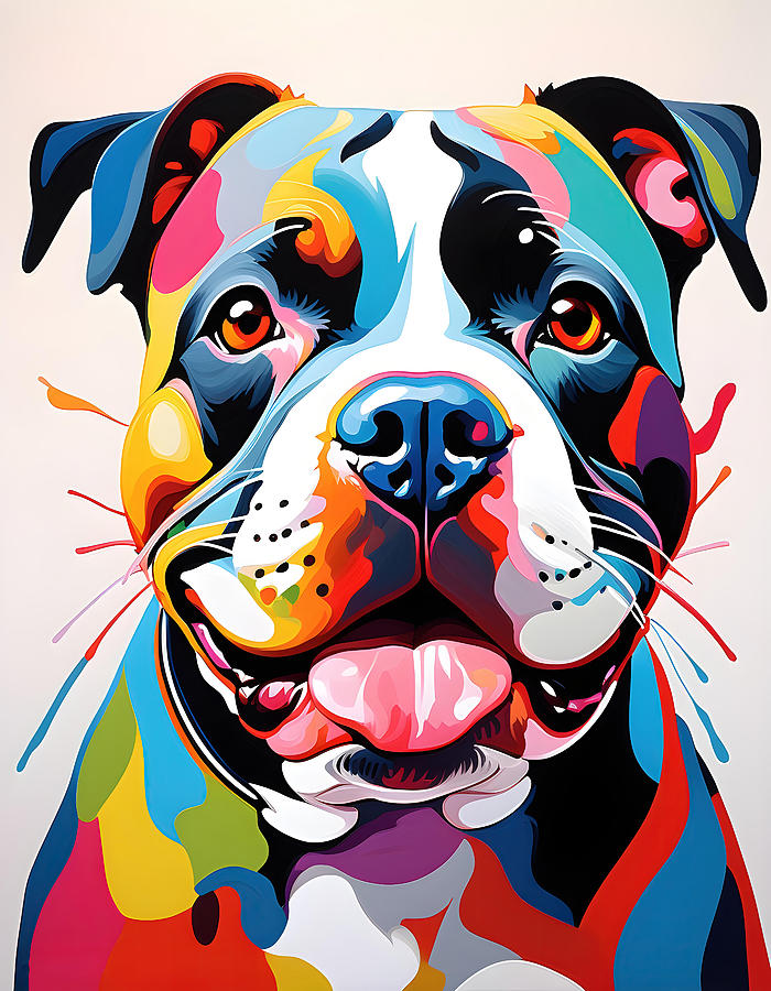 Dog Painting - Cute Pitbull - Pit Bull - Pittie - Colorful Happy Painting Style #6 by StellArt Studio