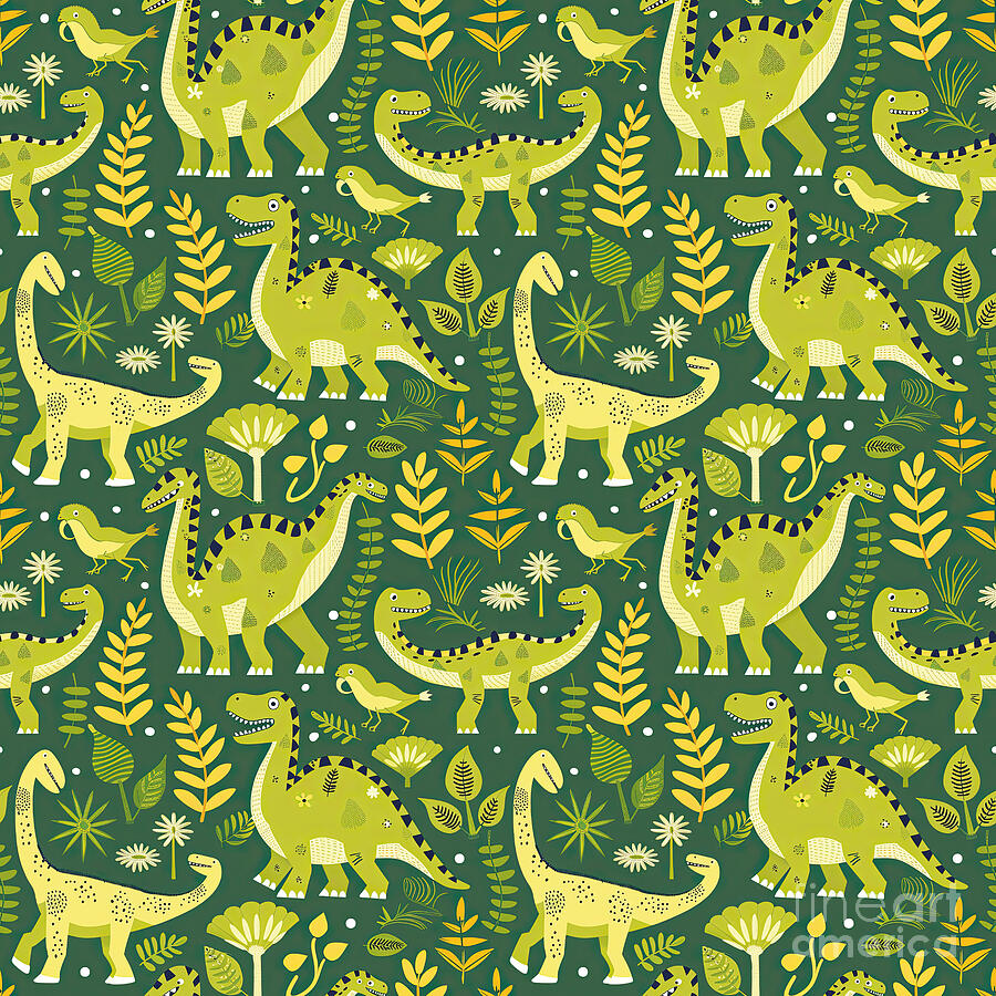Prehistoric Digital Art - Delightful Dinosaurs in Enchanted Garden Pattern #6 by Lauren Blessinger