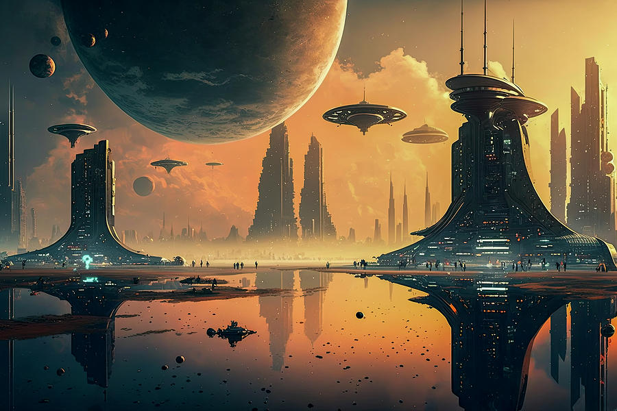 Generative Ai Illustration Of Futuristic Sci-fi Humanoid City On Photograph