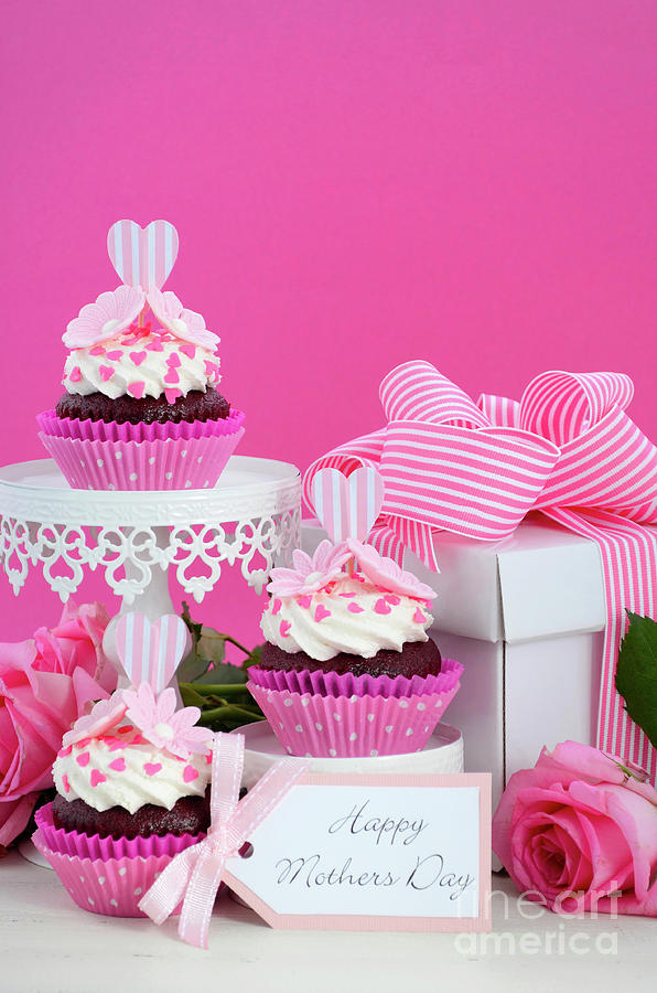 Cake Photograph - Happy Mothers Day pink and white cupcakes. #6 by Milleflore Images